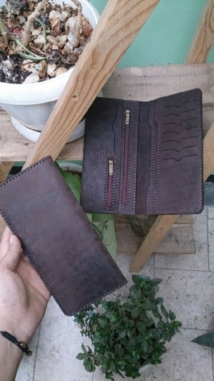 کیف پول چرم شتری دست دوز